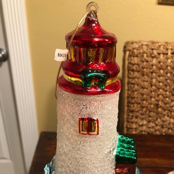 Blown Glass Large 8" Lighthouse Crashing Waves Christmas Ornaments Sugared - Picture 2 of 7